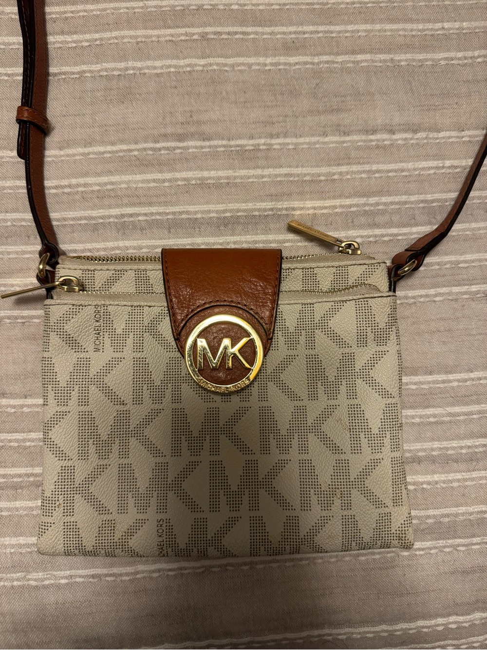 Michael Kors Cream and Brown MK Signature Crossbody